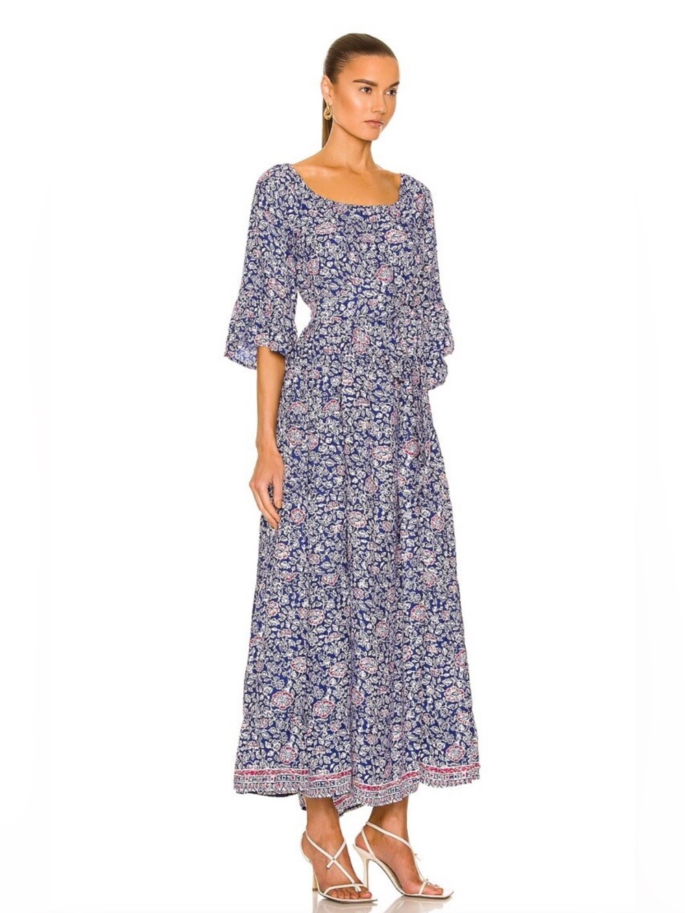 Natalie Martin Navy Floral silk Square-Neck Maxi Dress medium boho Bohemian